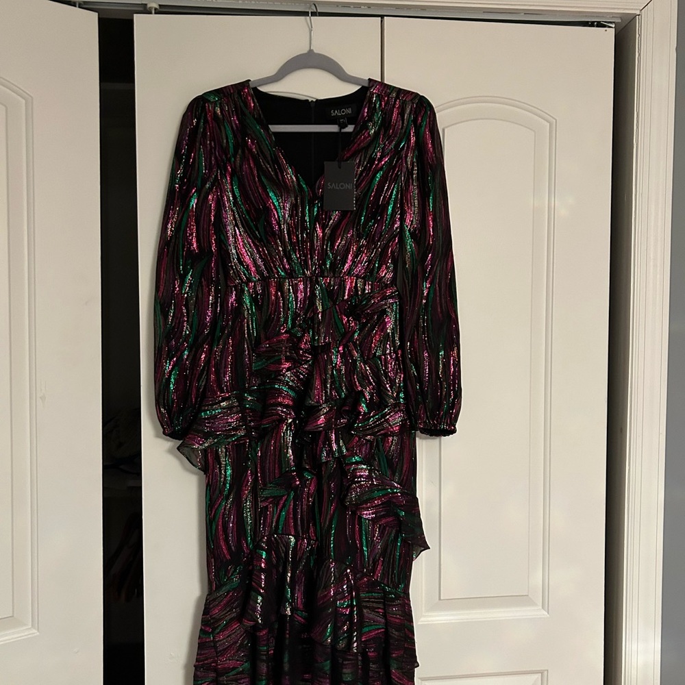 SALONI Black Rainbow Metallic Lurex Silk ALYA Ruffle Tiered Midi Dress